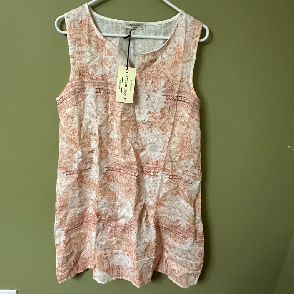 Terzo Millennio Italy Linen Dress Floral Sleeveless‎ Tunic Summer Casual